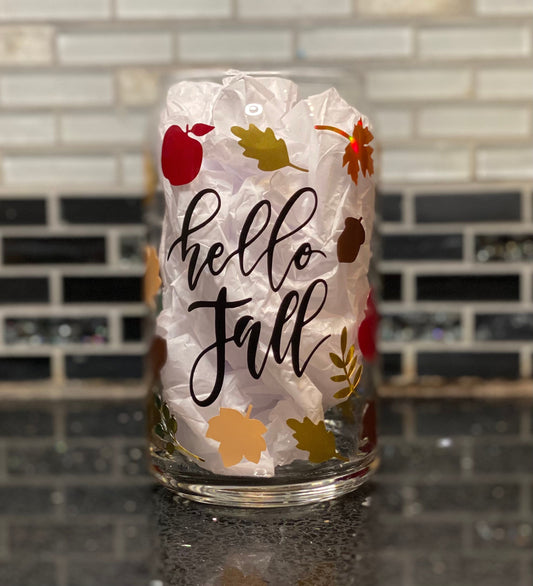 Hello fall beer can glass